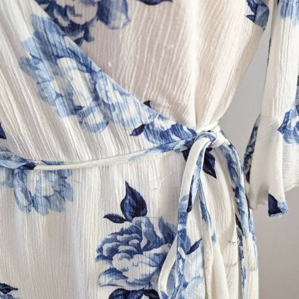 Lulus Pretty Peony Blue and White Floral Print Wrap Dress